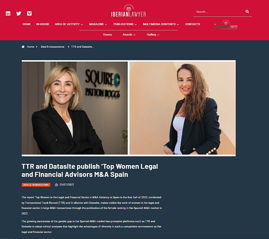 TTR and Datasite publish Top Women Legal and Financial Advisors M&A Spain